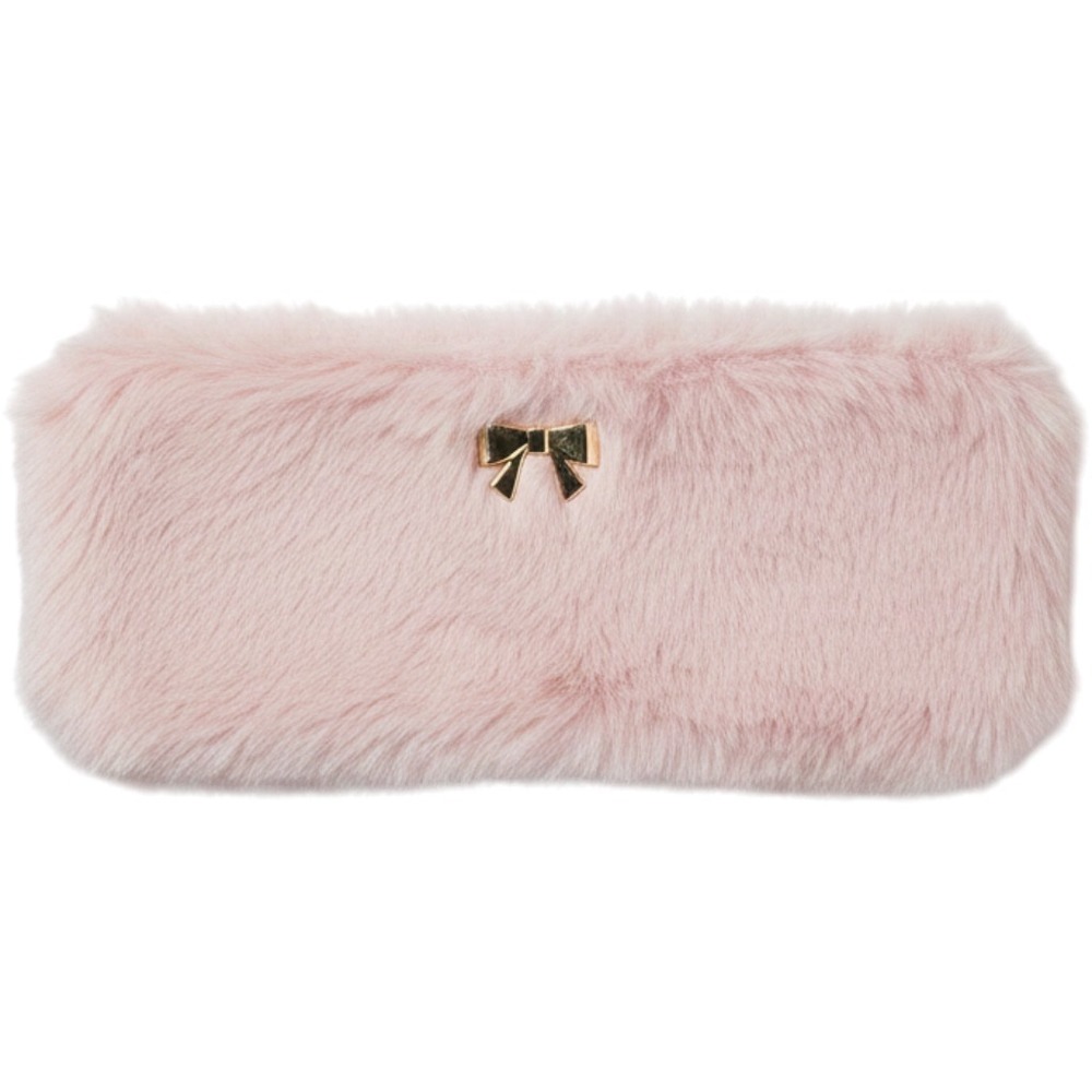 Tahari Pink Faux Fur Pencil Case Makeup Pouch Gold Bow Detail Zippered Accessory